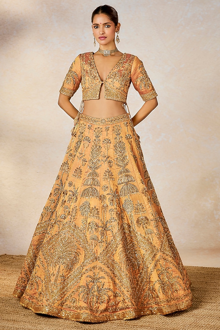 Peach Heavy Raw Silk & Tissue Motif Work Bridal Lehenga Set by Masaba at Pernia's Pop Up Shop