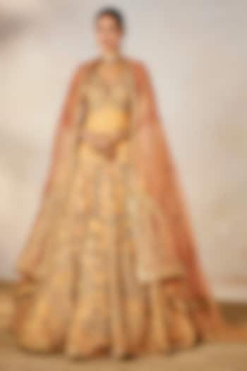 Peach Heavy Raw Silk & Tissue Motif Work Bridal Lehenga Set by Masaba at Pernia's Pop Up Shop