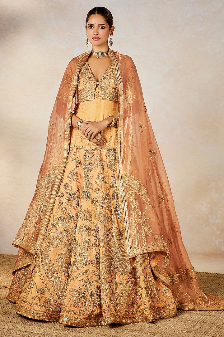 Peach Heavy Raw Silk & Tissue Motif Work Bridal Lehenga Set by Masaba at Pernia's Pop Up Shop
