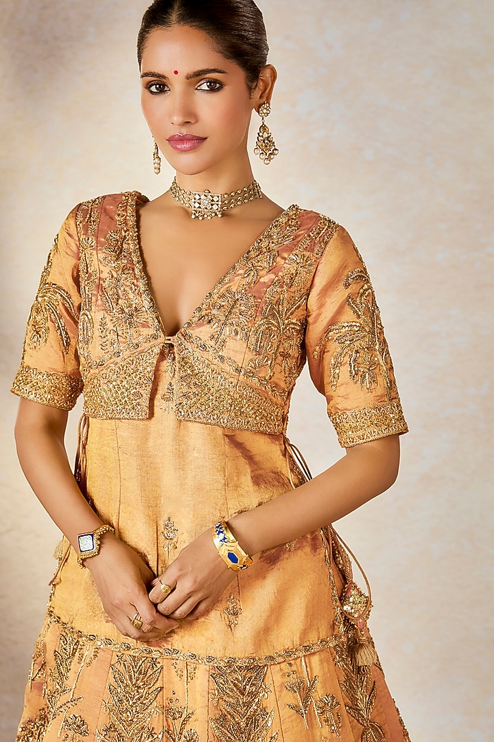 Peach Heavy Raw Silk & Tissue Motif Work Bridal Lehenga Set by Masaba at Pernia's Pop Up Shop