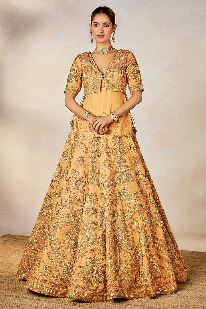 Peach Heavy Raw Silk & Tissue Motif Work Bridal Lehenga Set by Masaba at Pernia's Pop Up Shop