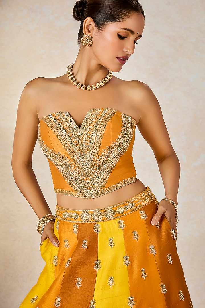 Ochre Yellow Heavy Raw Silk Motif Work Bridal Lehenga Set by Masaba at Pernia's Pop Up Shop