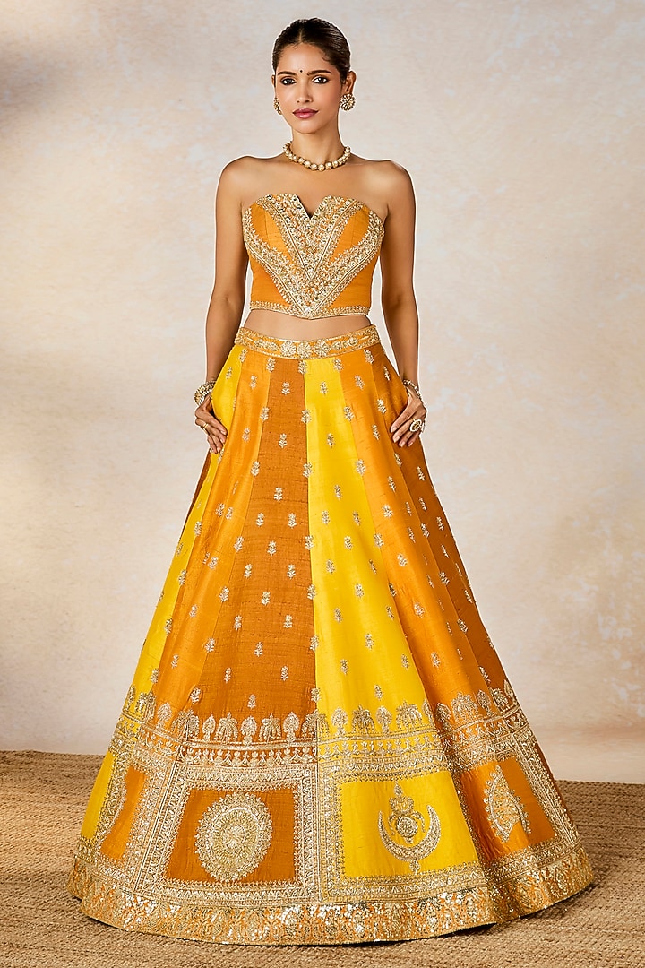 Ochre Yellow Heavy Raw Silk Motif Work Bridal Lehenga Set by Masaba at Pernia's Pop Up Shop