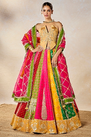 Multi-Colored Viscose Raw Silk Printed & Motif Work Lehenga Set by Masaba