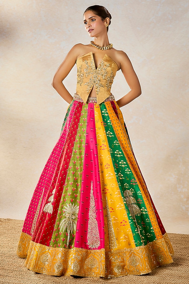 Multi-Colored Viscose Raw Silk Printed & Motif Work Bridal Lehenga Set by Masaba at Pernia's Pop Up Shop