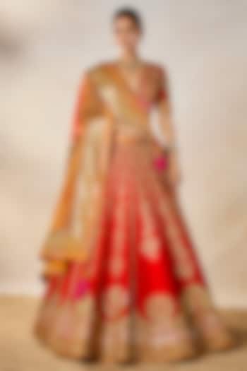 Red Heavy Raw Silk Floral Motif Work Bridal Lehenga Set by Masaba at Pernia's Pop Up Shop