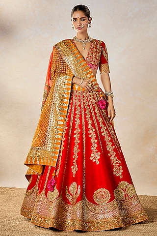 Red Heavy Raw Silk Floral Motif Work Lehenga Set by Masaba