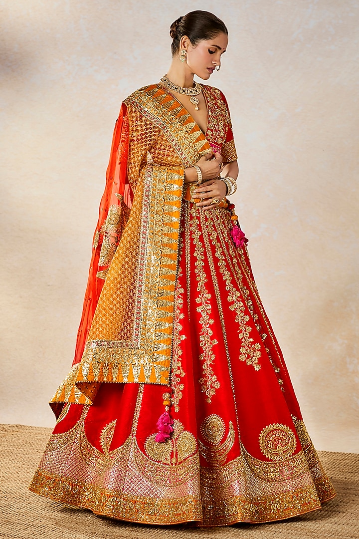 Red Heavy Raw Silk Floral Motif Work Bridal Lehenga Set by Masaba at Pernia's Pop Up Shop