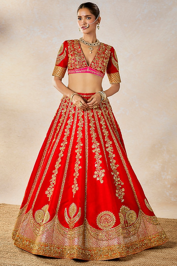Red Heavy Raw Silk Floral Motif Work Bridal Lehenga Set by Masaba at Pernia's Pop Up Shop