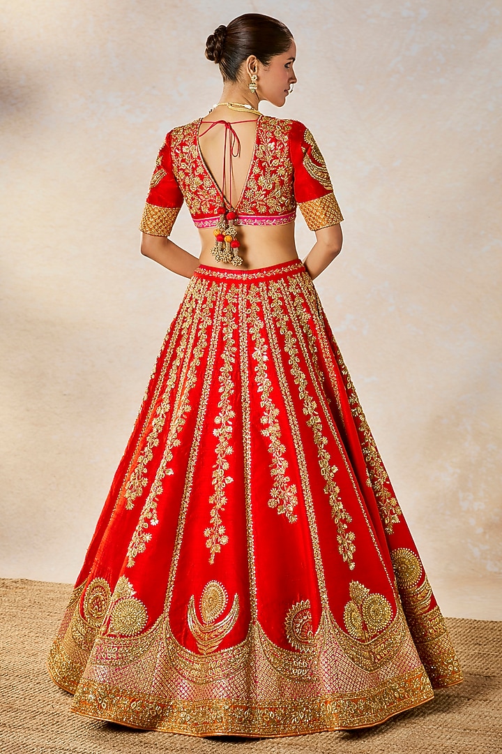Red Heavy Raw Silk Floral Motif Work Bridal Lehenga Set by Masaba at Pernia's Pop Up Shop