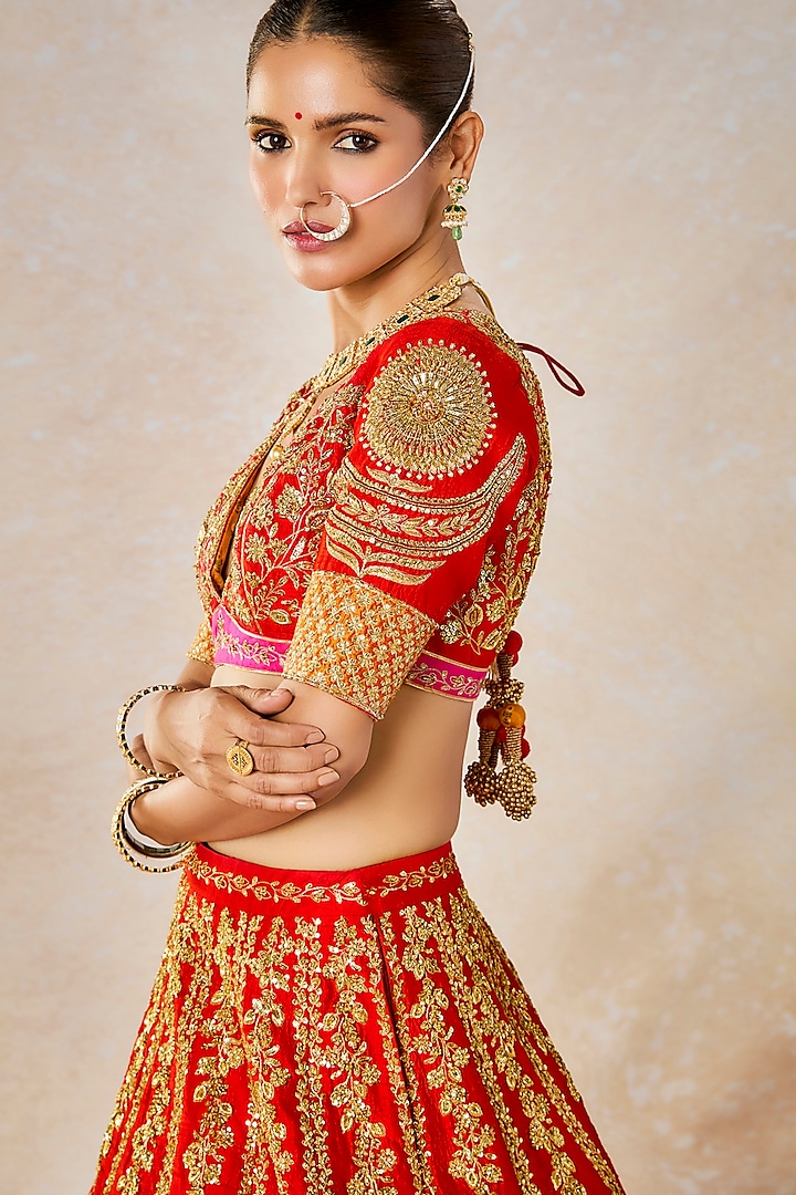 Red Heavy Raw Silk Floral Motif Work Bridal Lehenga Set by Masaba at Pernia's Pop Up Shop