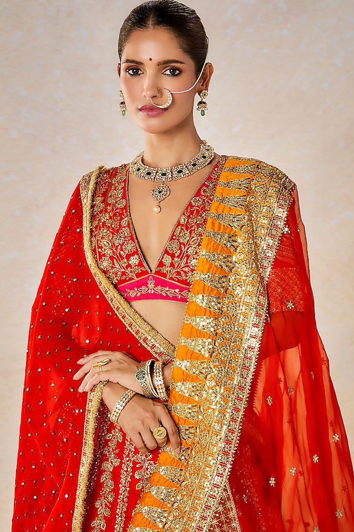 Red Heavy Raw Silk Floral Motif Work Bridal Lehenga Set by Masaba at Pernia's Pop Up Shop