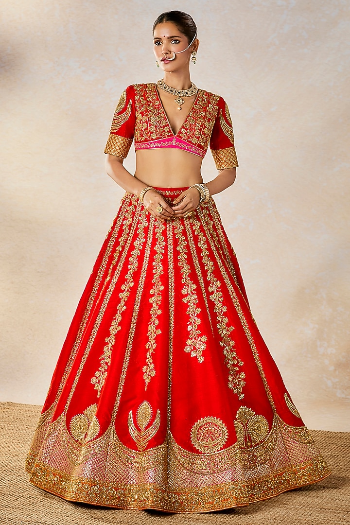 Red Heavy Raw Silk Floral Motif Work Bridal Lehenga Set by Masaba at Pernia's Pop Up Shop