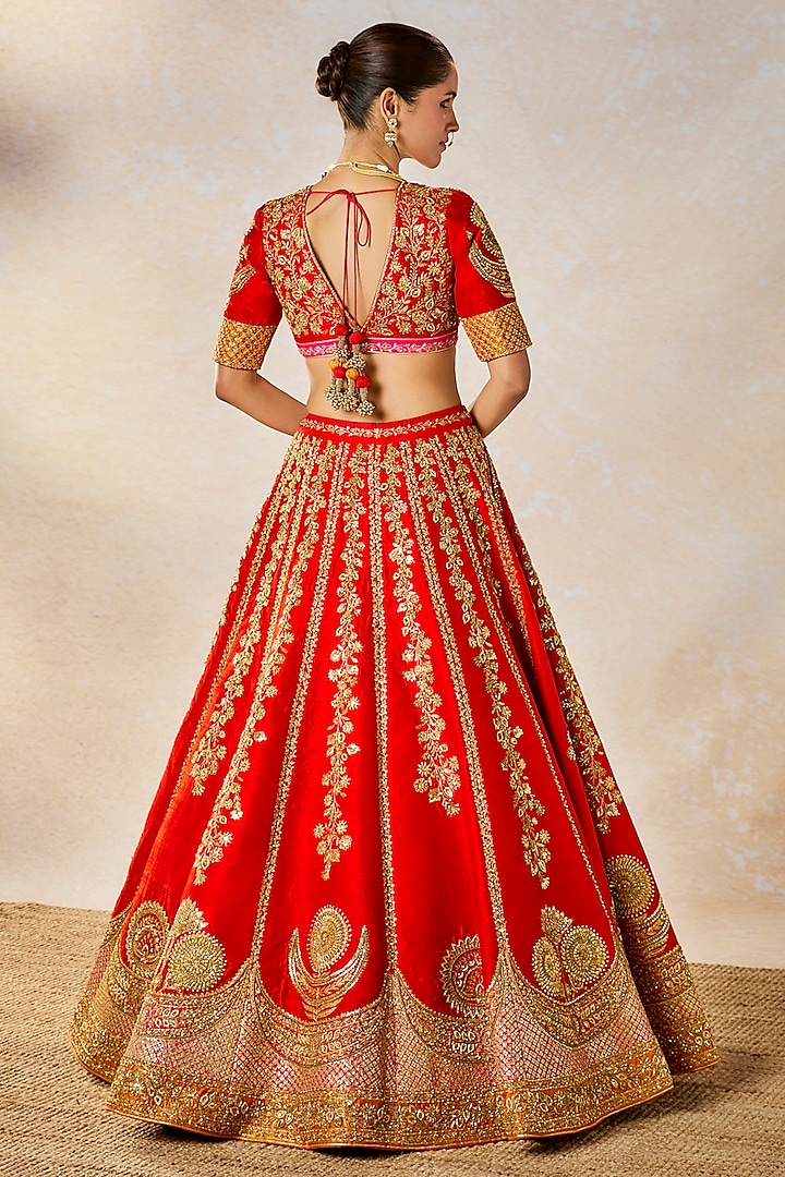 Red Heavy Raw Silk Floral Motif Work Bridal Lehenga Set by Masaba at Pernia's Pop Up Shop