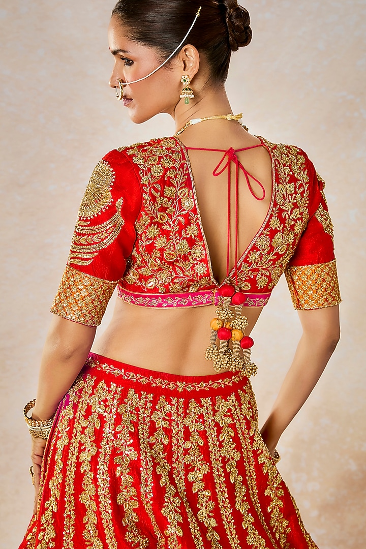 Red Heavy Raw Silk Floral Motif Work Bridal Lehenga Set by Masaba at Pernia's Pop Up Shop