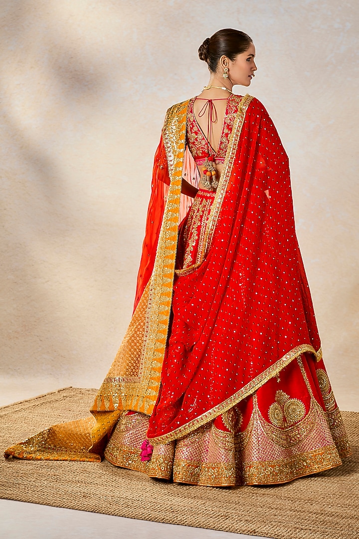Red Heavy Raw Silk Floral Motif Work Bridal Lehenga Set by Masaba at Pernia's Pop Up Shop