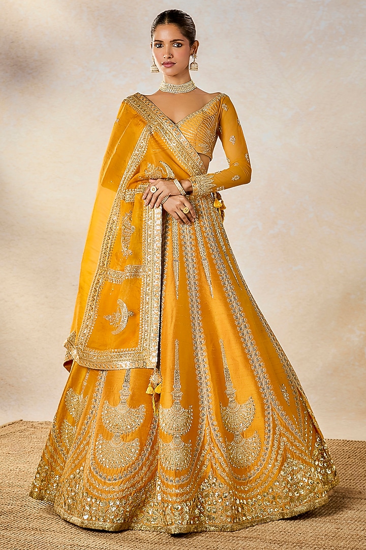 Ochre Raw Silk Gota Embellished Bridal Lehenga Set by Masaba at Pernia's Pop Up Shop