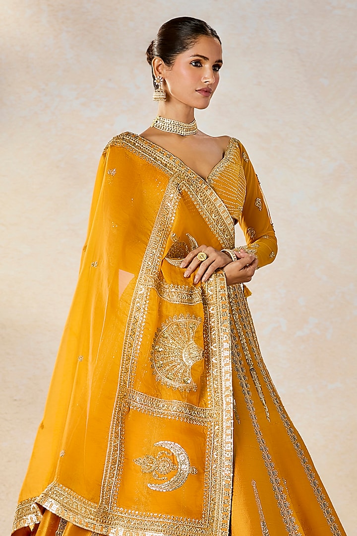 Ochre Raw Silk Gota Embellished Bridal Lehenga Set by Masaba at Pernia's Pop Up Shop