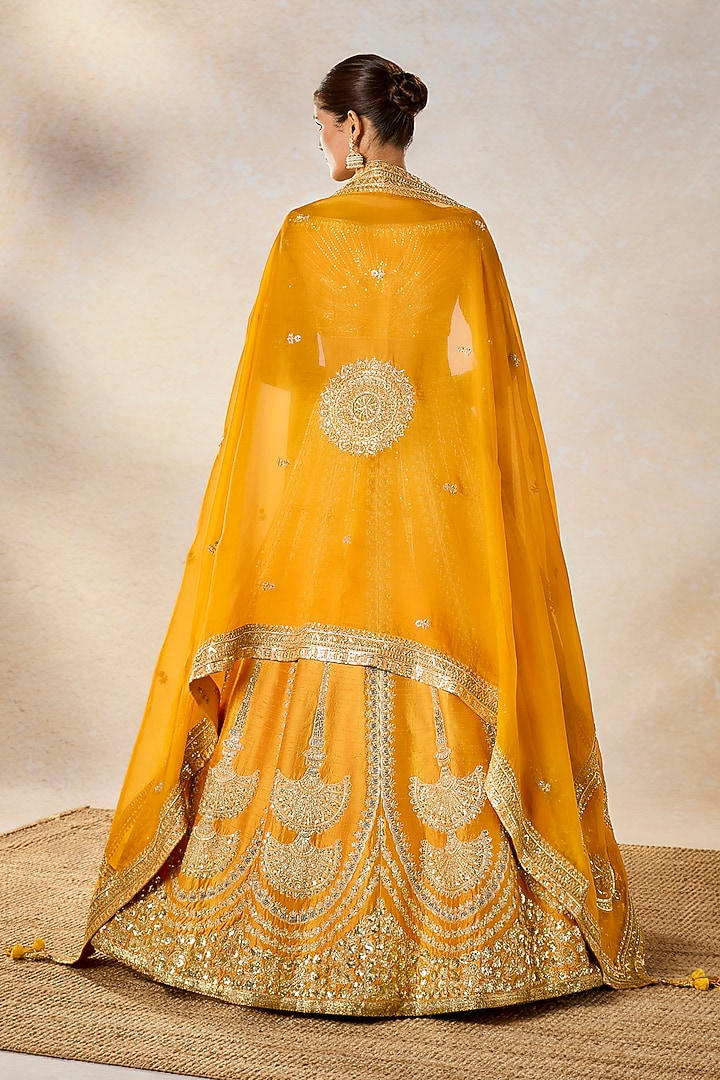 Ochre Raw Silk Gota Embellished Bridal Lehenga Set by Masaba at Pernia's Pop Up Shop