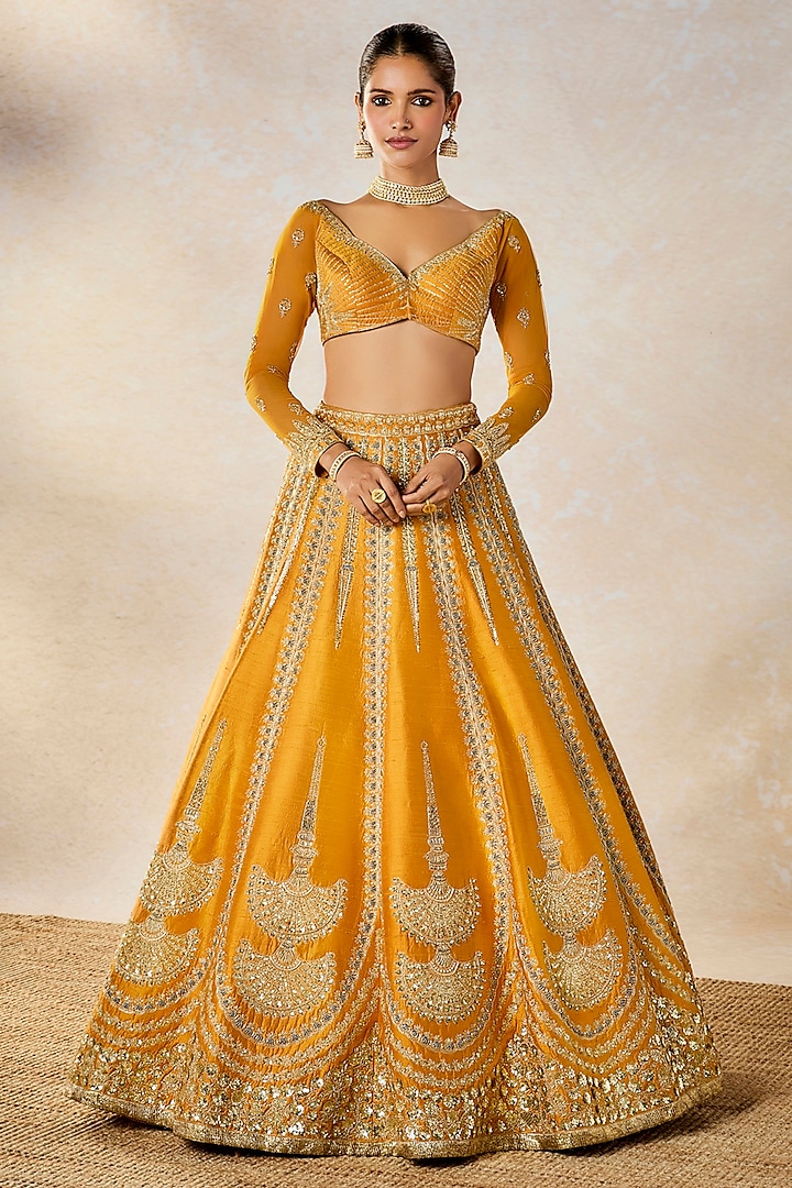 Ochre Raw Silk Gota Embellished Bridal Lehenga Set by Masaba at Pernia's Pop Up Shop