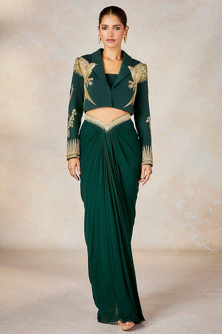Dark Green Lachka Zardosi Embroidered Crop Blazer Set by Masaba at Pernia's Pop Up Shop