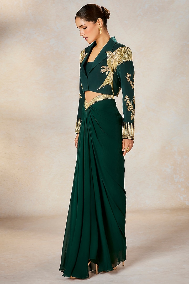 Dark Green Lachka Zardosi Embroidered Crop Blazer Set by Masaba at Pernia's Pop Up Shop