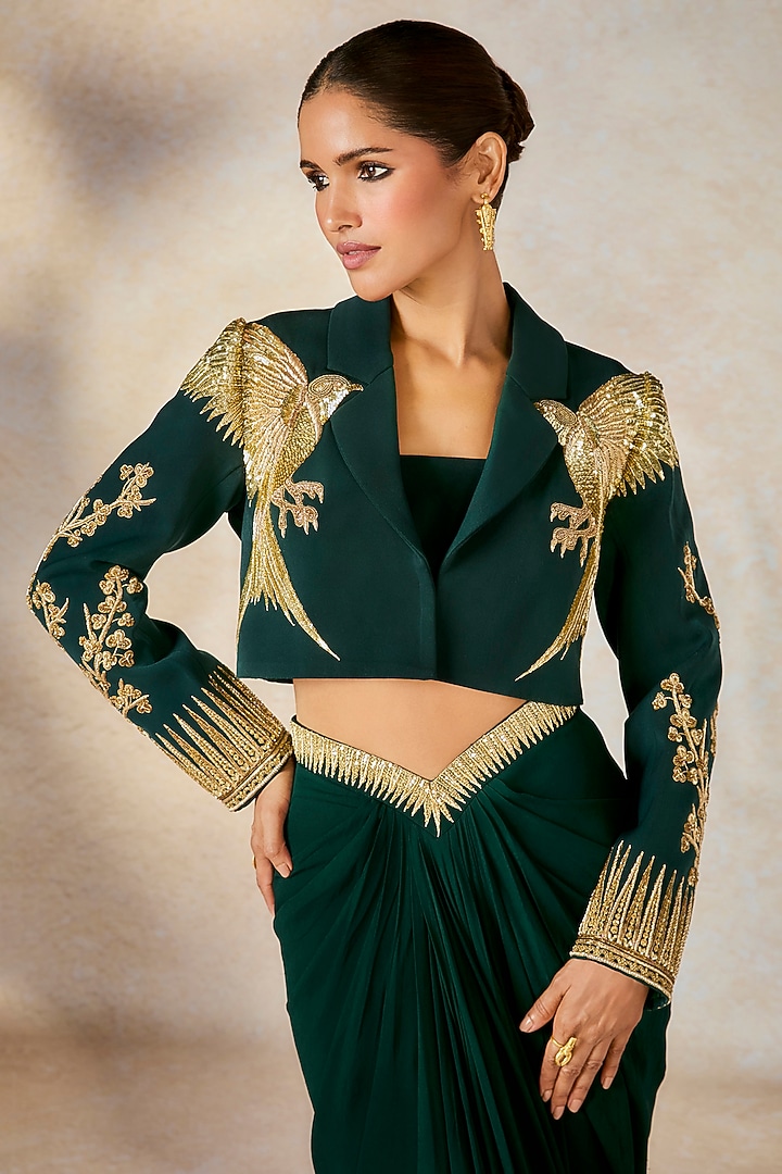 Dark Green Lachka Zardosi Embroidered Crop Blazer Set by Masaba at Pernia's Pop Up Shop