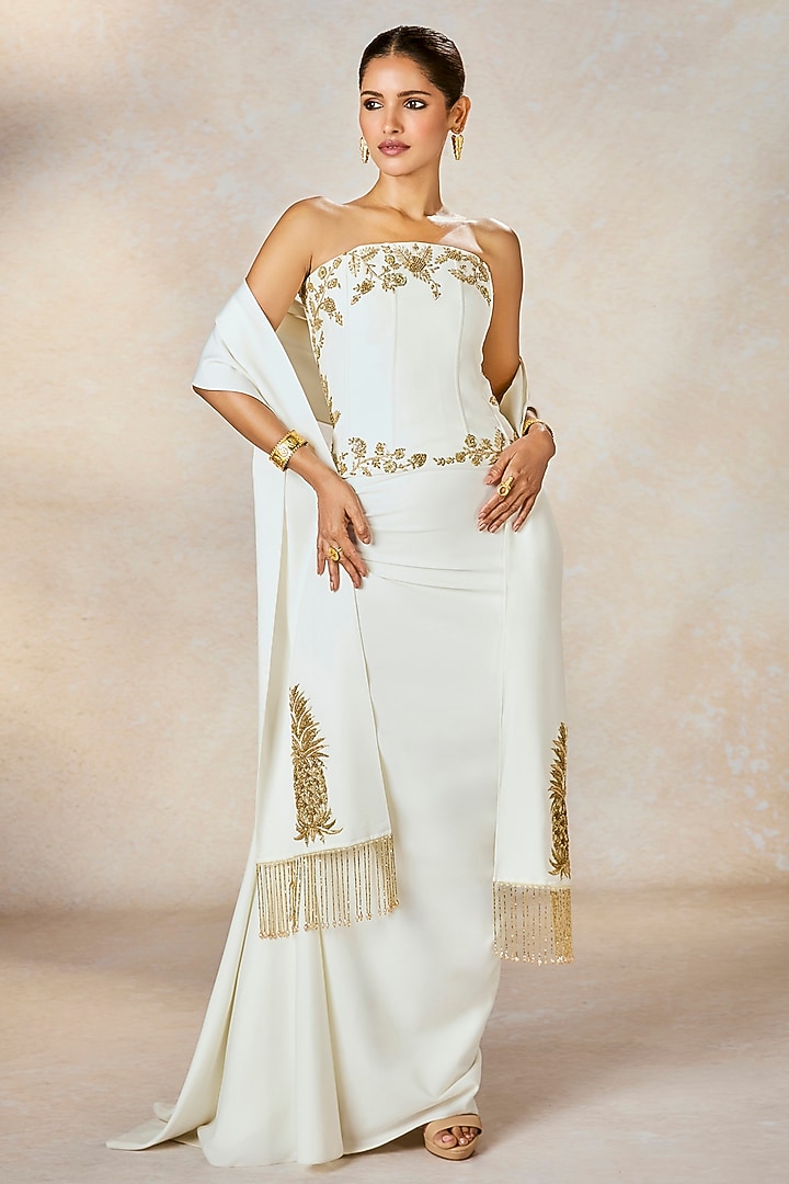 Ivory Heavy Crepe Draped Skirt Set by Masaba at Pernia's Pop Up Shop