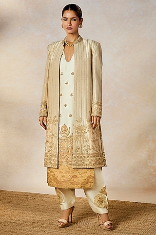 Ivory Heavy Raw Silk Gold Embroidered Kurta Set by Masaba