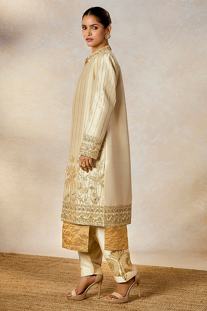 Ivory Heavy Raw Silk Gold Embroidered Kurta Set by Masaba at Pernia's Pop Up Shop