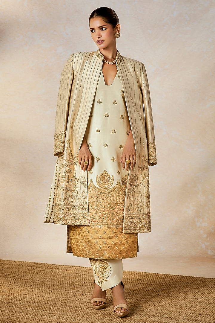Ivory Heavy Raw Silk Gold Embroidered Kurta Set by Masaba at Pernia's Pop Up Shop