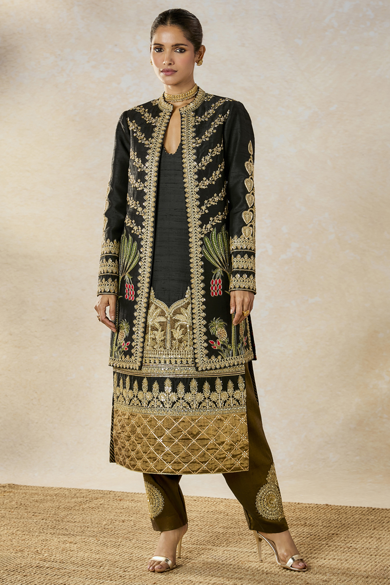 Black Heavy Raw Silk Jaal Embroidered Jacket Set by Masaba at Pernia's Pop Up Shop