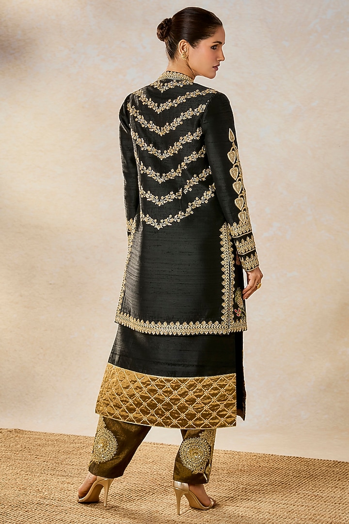 Black Heavy Raw Silk Jaal Embroidered Jacket Set by Masaba at Pernia's Pop Up Shop