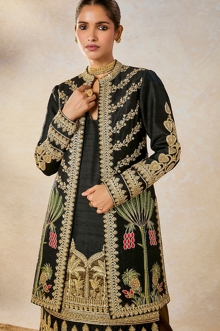 Black Heavy Raw Silk Jaal Embroidered Jacket Set by Masaba at Pernia's Pop Up Shop