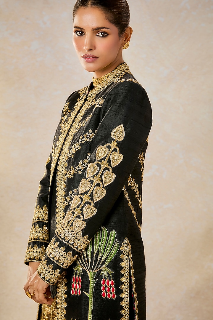 Black Heavy Raw Silk Jaal Embroidered Jacket Set by Masaba at Pernia's Pop Up Shop