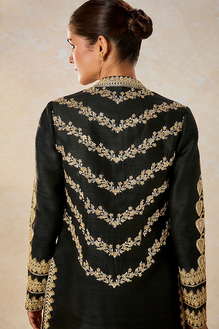 Black Heavy Raw Silk Jaal Embroidered Jacket Set by Masaba at Pernia's Pop Up Shop