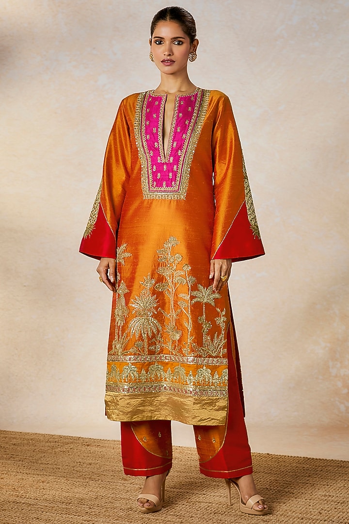 Orange Heavy Raw Silk Gold Embroidered Kurta Set by Masaba at Pernia's Pop Up Shop
