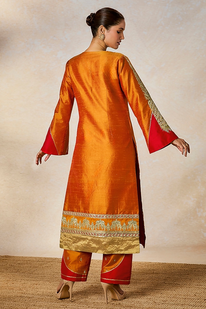 Orange Heavy Raw Silk Gold Embroidered Kurta Set by Masaba at Pernia's Pop Up Shop