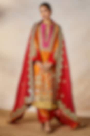 Orange Heavy Raw Silk Gold Embroidered Kurta Set by Masaba at Pernia's Pop Up Shop