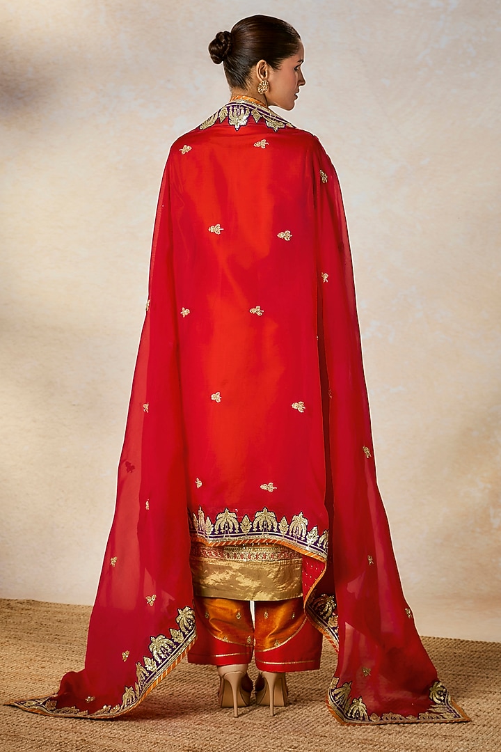 Orange Heavy Raw Silk Gold Embroidered Kurta Set by Masaba at Pernia's Pop Up Shop