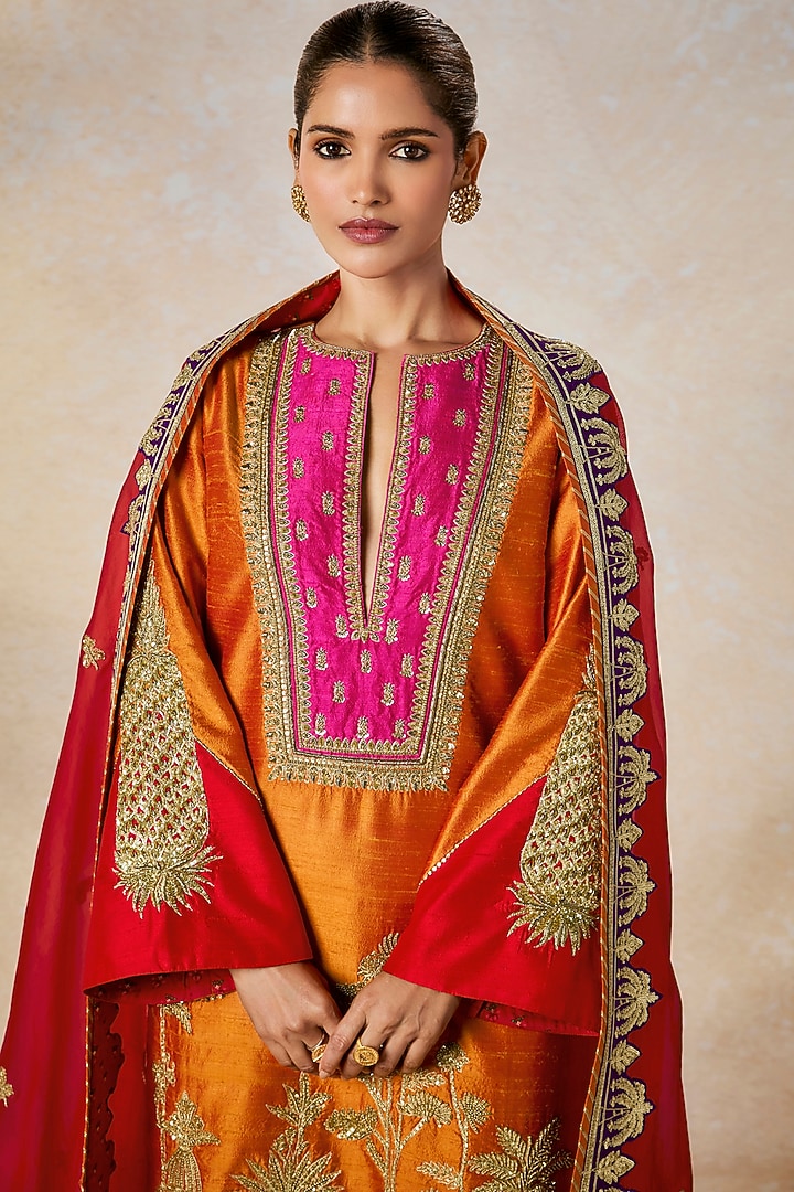 Orange Heavy Raw Silk Gold Embroidered Kurta Set by Masaba at Pernia's Pop Up Shop