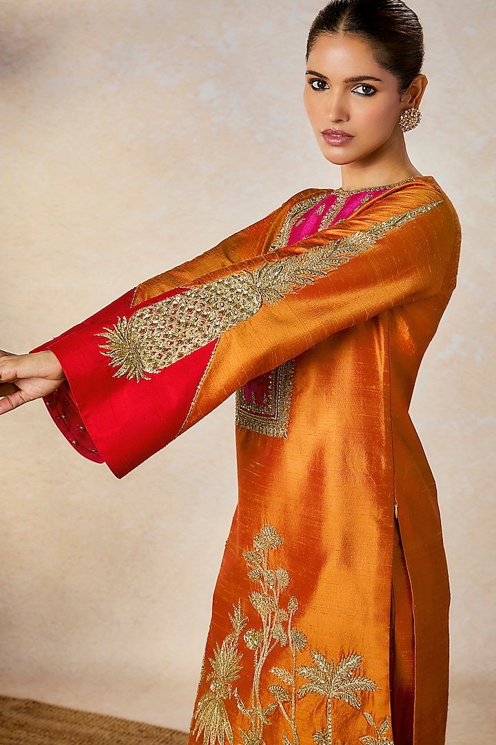 Orange Heavy Raw Silk Gold Embroidered Kurta Set by Masaba at Pernia's Pop Up Shop
