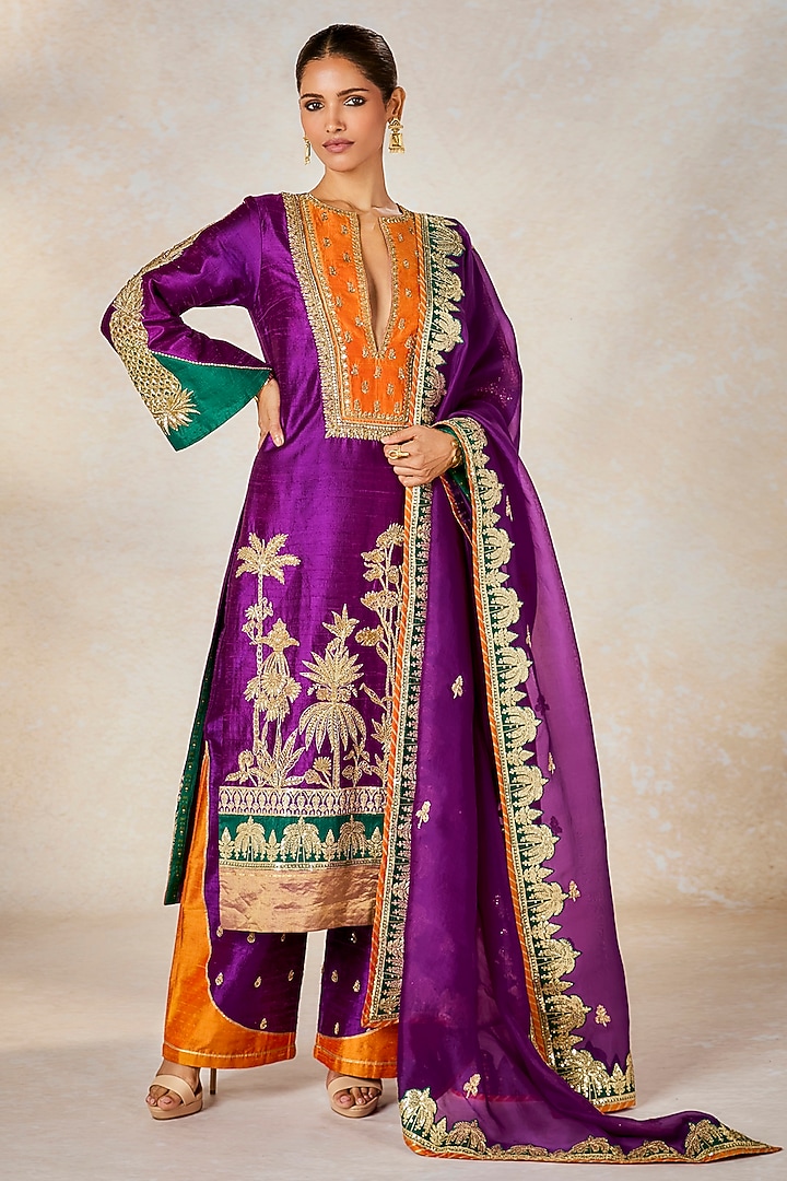 Purple Heavy Raw Silk Patchwork Embroidered Kurta Set by Masaba at Pernia's Pop Up Shop