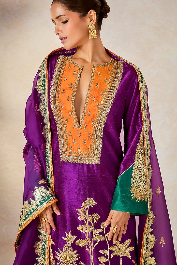 Purple Heavy Raw Silk Patchwork Embroidered Kurta Set by Masaba at Pernia's Pop Up Shop