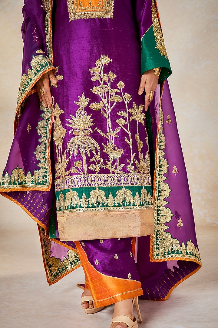 Purple Heavy Raw Silk Patchwork Embroidered Kurta Set by Masaba at Pernia's Pop Up Shop