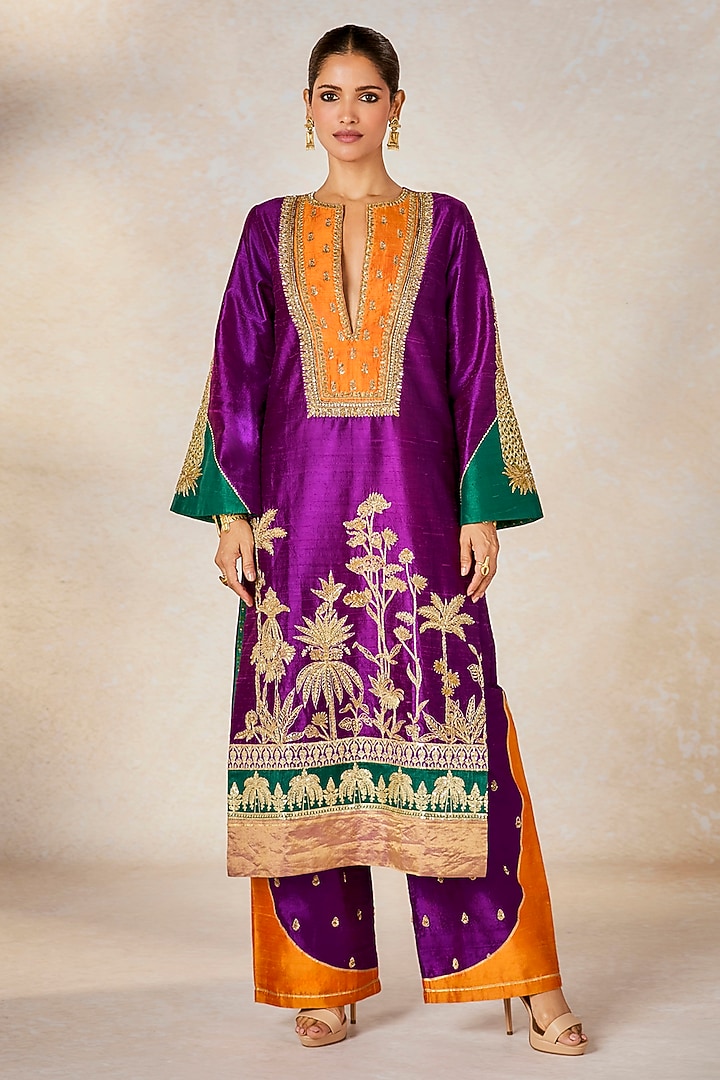 Purple Heavy Raw Silk Patchwork Embroidered Kurta Set by Masaba at Pernia's Pop Up Shop