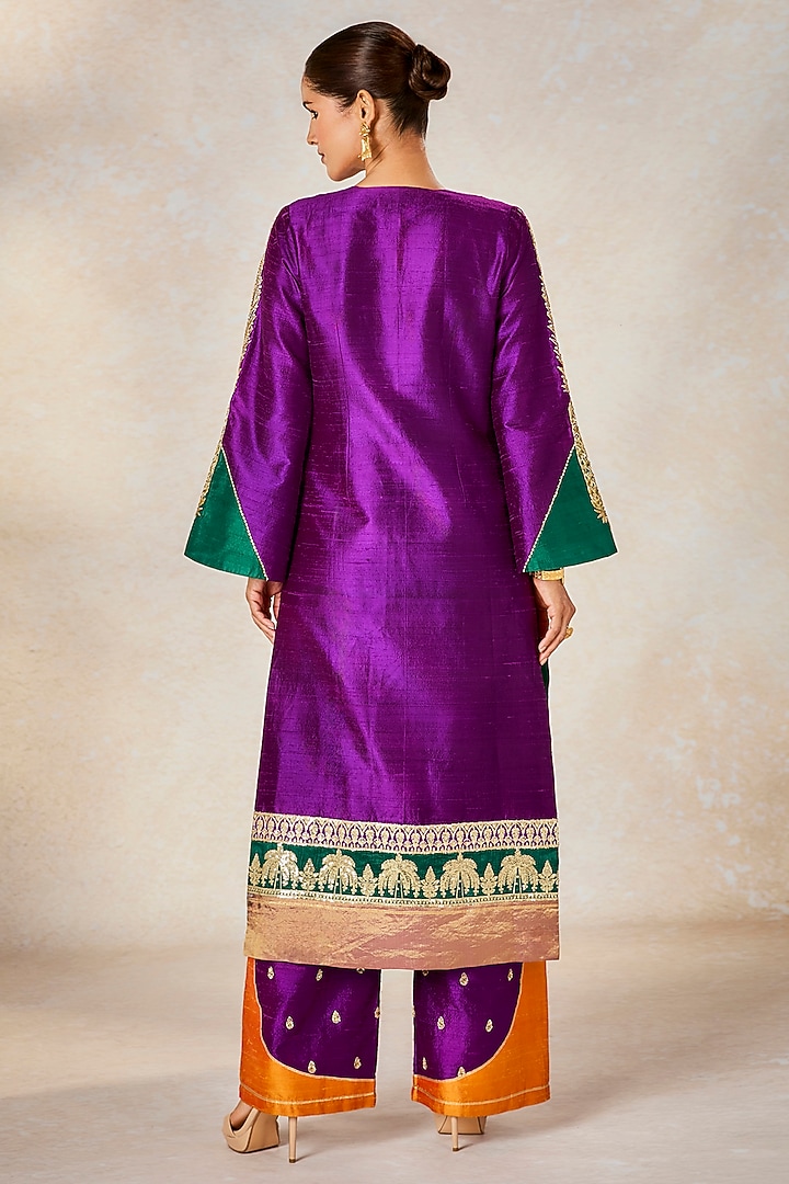 Purple Heavy Raw Silk Patchwork Embroidered Kurta Set by Masaba at Pernia's Pop Up Shop