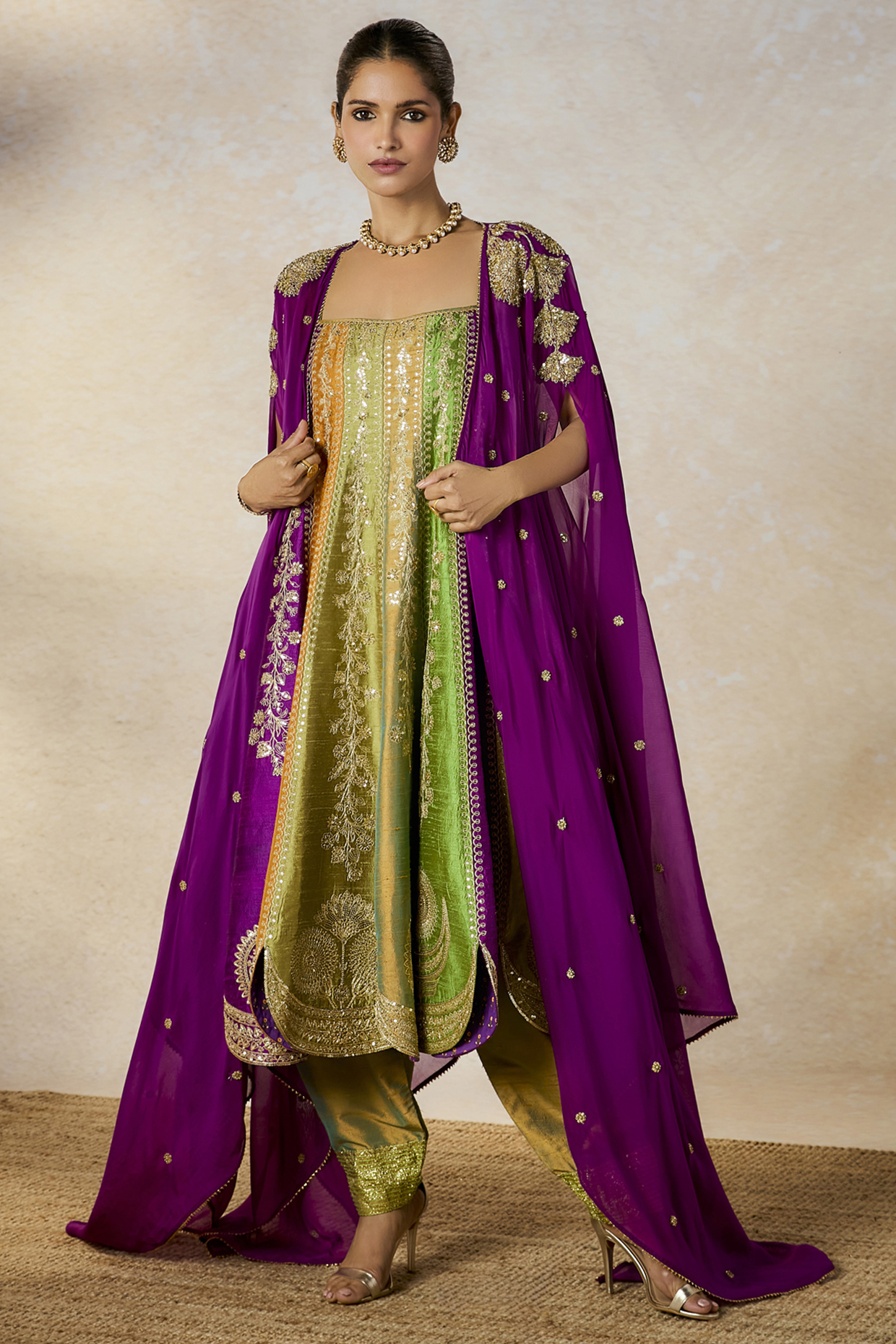 Multi-Colored Heavy Raw Silk Bridal Anarkali Set by Masaba at Pernia's Pop Up Shop