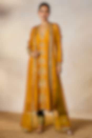 Ochre Dupion Silk Zardosi Embroidered Kurta Set by Masaba at Pernia's Pop Up Shop