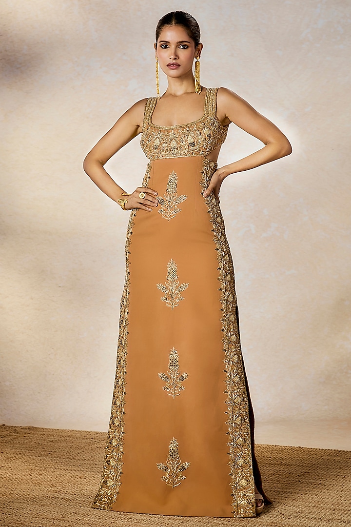 Tan Moss Crepe Gown by Masaba at Pernia's Pop Up Shop